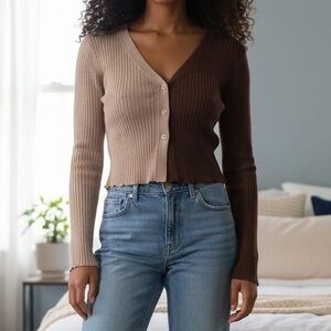 Garage Women’s Button Down knit Crop Top in Beige & Brown, Small